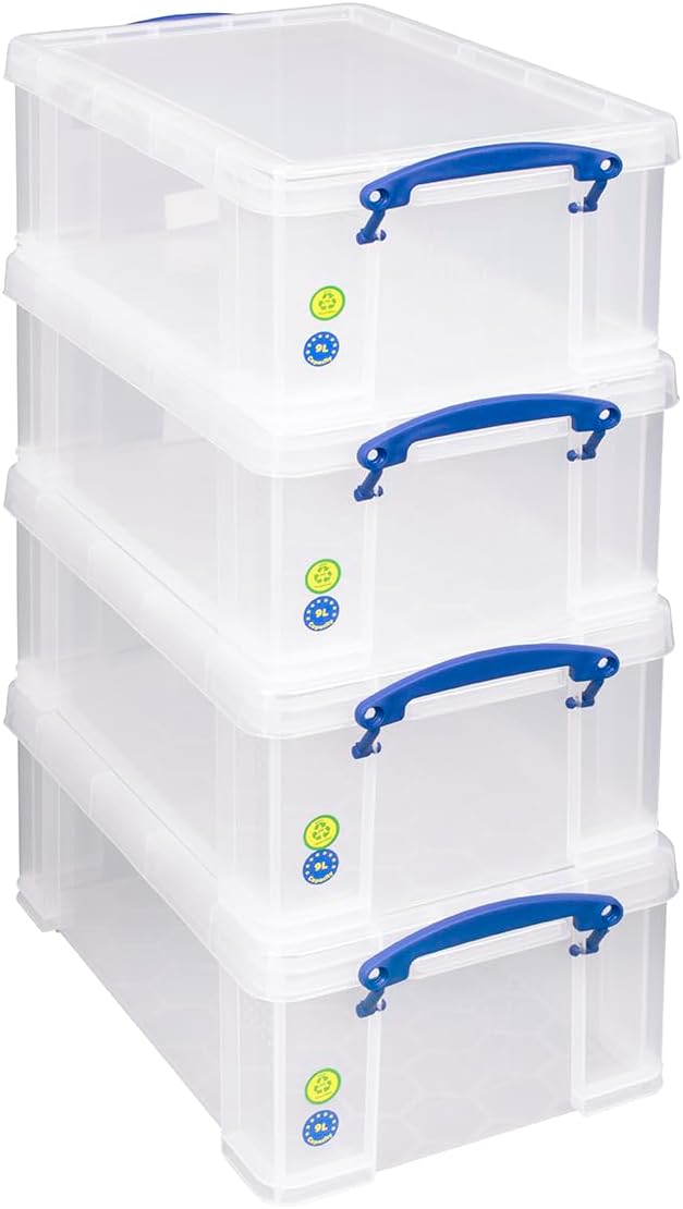 Really Useful Box 9 Litre Plastic Storage Box Clear, Multi-purpose stacking storage, with a lid and clip lock handles, Ideal for home, office, school and arts and crafts storage (Pack of 4) thumbnail 2
